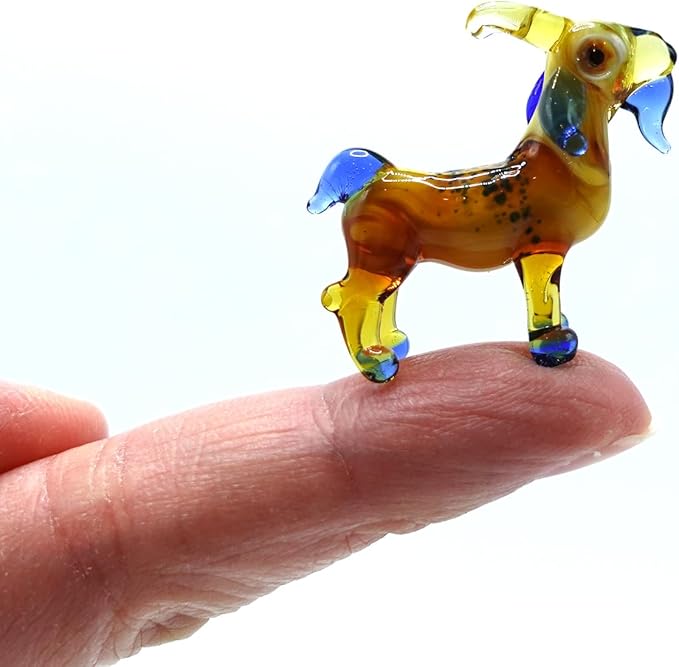 Goat Micro Tiny Figurines Hand Blown Glass Art Animals Collectible Gift Home Décor (Amber Blue)