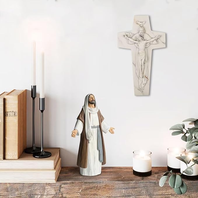 ShineOnAngel Holy Trinity Wall Cross, 10inch Holy Cross White Marble Look Christian Cross Wall Decor, Religious Crucifix Modern Home Wall Decoration, Hand Painted Father Son Holy Spirit Religious Wall Crucifix and Spiritual Gifts