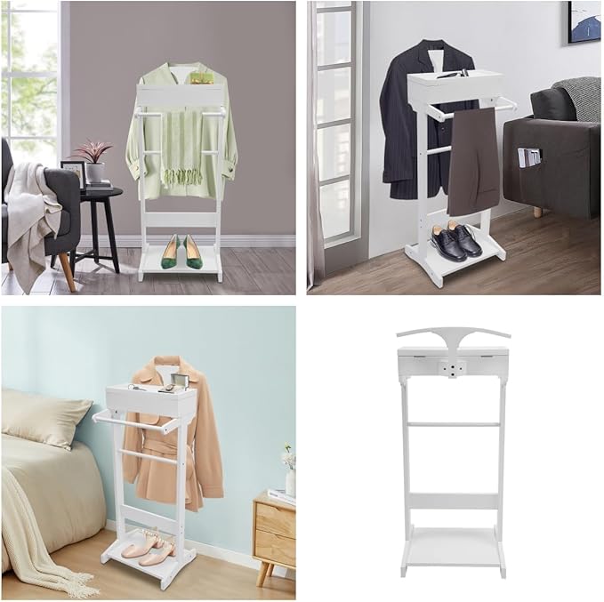 Wood Men Valet Stand with Drawer, Top Tray, Contour Hanger, Trouser Bar, Shoe Rack, Suit Valet Stand Clothes Stand Clothes Rack for Home Entryway Bedroom Office Boutique Mall, White