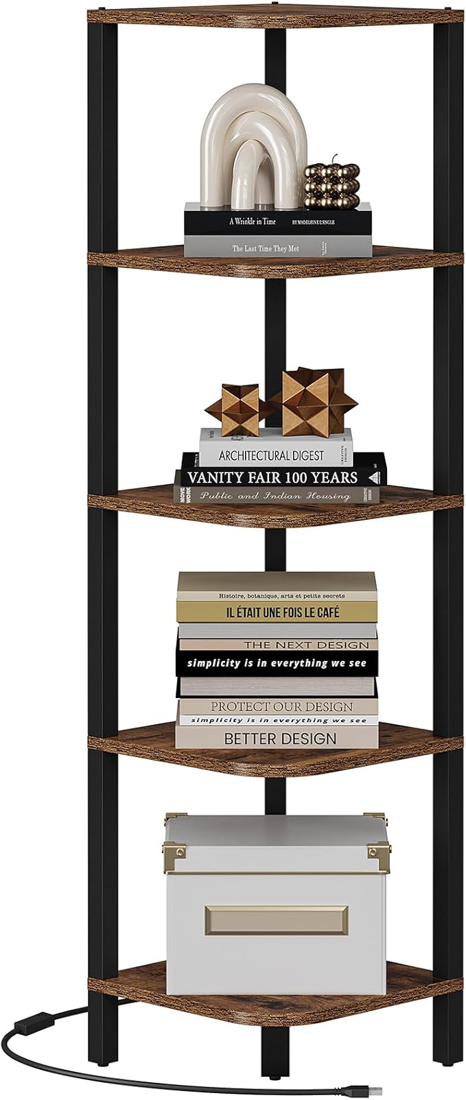 TUTOTAK Corner Shelf with LED Light, 5-Tier Corner Bookshelf for Small Space, Narrow Display Corner Shelf Stand with Storage Rack, for Living Room, Bedroom, Rustic Brown BS08BB005L