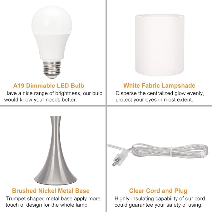 Touch Control Table Lamp, 3-Way Dimmable Bedside Lamp for Living Room, Modern Nightstand Lamp for Bedroom, Silver Table Lamp with White Shade, Desk Lamp for Dorm, Home, Office, 3000K LED Bulb Included