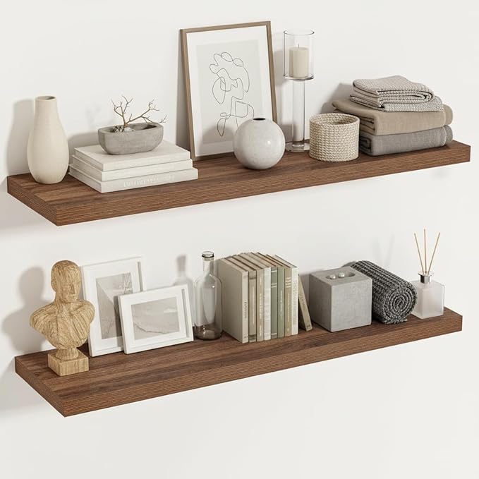 Vivelove Rustic Floating Shelves for Wall 12 Inch Deep, 48" X 12" X 1.5" Floating Shelf, 2 Inch Thick Shelf for Living Room Bathroom Bedroom Kitchen Office, Rustic Farmhouse Decor Set of 2, Walnut