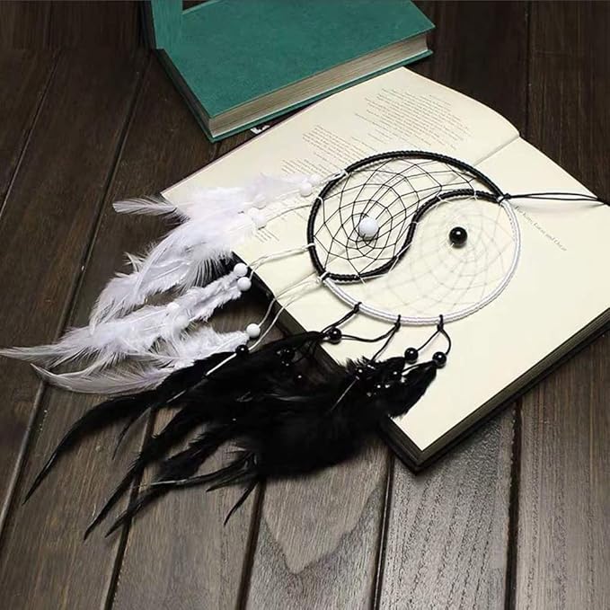 Yahpetes Dream Catcher 19.7" Feather Chandelier Ornaments Handmade Indian Wall Decoration Interior Rearview Pendant Charm Car Hanging with Feathers Beads (Black and White)