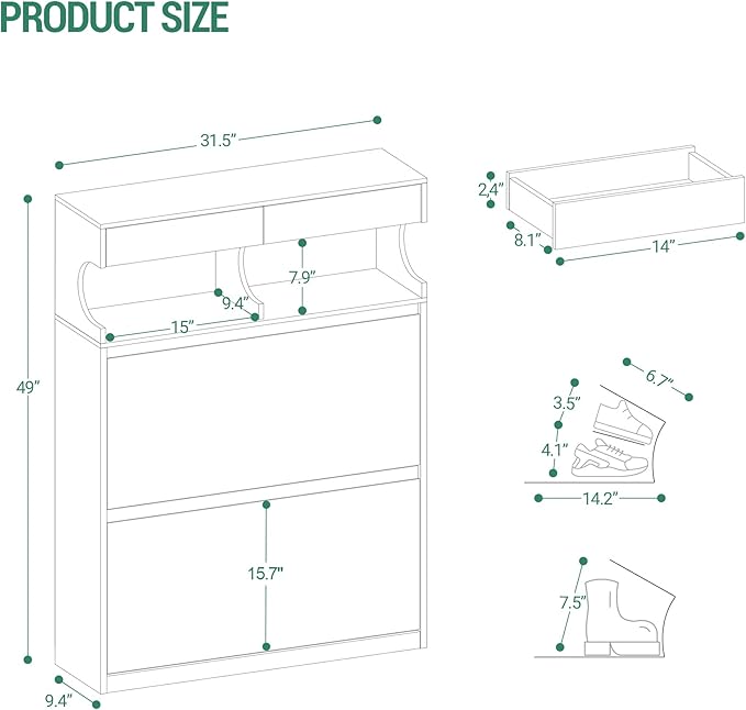 Shoe Cabinet with 2 Flip Drawers & 2 Top Drawers, Narrow Hidden Shoe Storage Cabinet for Entryway, Freestanding Shoes Organizer with Storage Space, 12-16 Pairs, for Hallway, White SR45303X