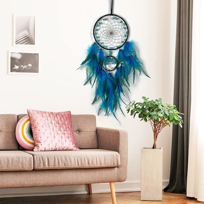 Dream Catcher, Handmade Dreamcatcher with Healing Crystal Stone, Tree of Life Dream Catchers Hanging Ornament for Home Bedroom Birthday Party, Perfect Craft Gift for Kids (Green)