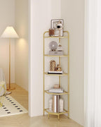 Hzuaneri Corner Shelf Stand, 5-Tier Glass Bookshelf Bookcase, Bathroom Organizer, Plant Stand, Steel Frame, Tempered Glass, Modern Style for Living Room, Bathroom, Kitchen, Golden CS90200G
