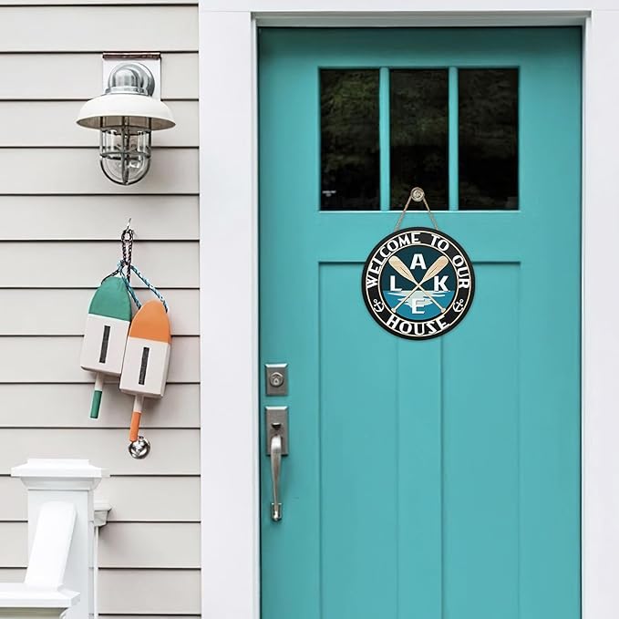 Lake Life Welcome to Our House Front Door Sign, Lakehouse Paddle Family Wood Hanger Outdoor Outside Porch Home Decor, Nautical Anchor Farmhouse Wooden Wreath Indoor Wall Hanging Decoration
