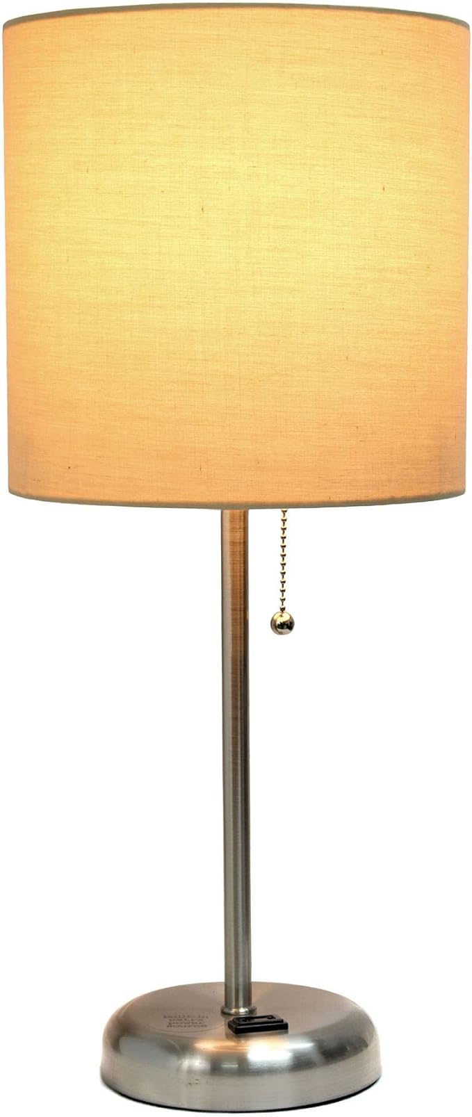Oslo 19.5" Contemporary Bedside Power Outlet Base Standard Metal Table Desk Lamp in Brushed Steel with Tan Drum Fabric Shade