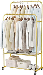 SUOERNUO Clothes Rack with Wheels Garment Rack for Hanging Heavy-Duty Clothing Rack Metal Rolling Clothes Shelves for Bedroom, Closet (Golden)