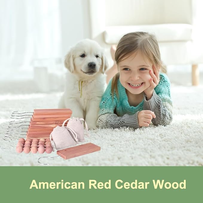 Cedar Blocks for Clothes Storage 50PCs, Hangers 6pc, Balls 30pc, Rings 12pc and Sachet Bags 2pc for Closets and Drawers