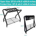 Folding Luggage Rack with 2-tiers Storage Shelf, Foldable Steel Frame Luggage Organizers for Suitcase, Metal Luggage Holder for Guest room, Bedroom, Hotel, Closet, Black, 1pack