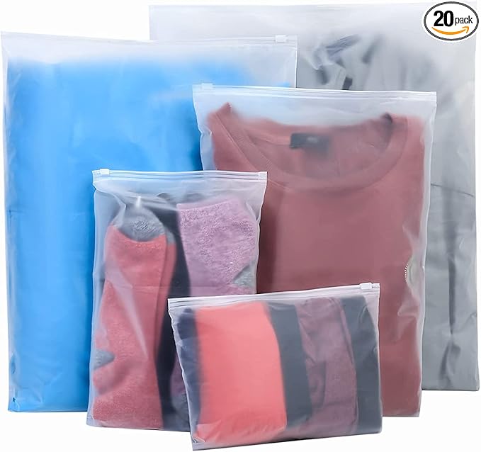 20 Pcs Travel Storage Bags, Clothes Packaging, Reusable Plastic Ziplock, Frosted Waterproof Resealable Clothing Zipper Pouch for Shoes Cosmetics Storage
