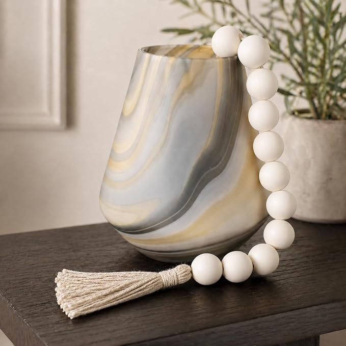 OMISHE Extra Large Wood Bead Garland White with 1.6" Diameter Wooden Beads and Tassels, 41" Long Rustic Farmhouse Country Decorative Beads for Home Tiered Tray Decor, White