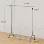 Standard Clothing Garment Rack with Wheels, 47.05" to 65.94" Adjustable Chrome Clothes Rack for Hanging Clothes, Portable Rolling Clothing Rack with Lockable Casters for Bedroom, Laundry Room
