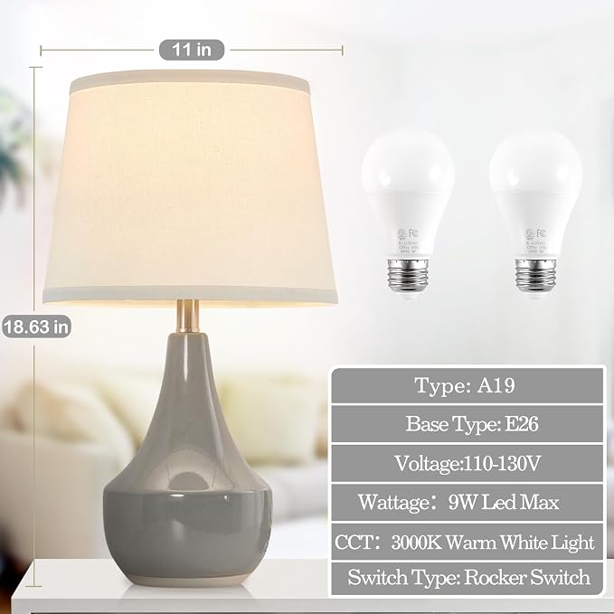 GyroVu 18" Table Lamp Set of 2, Ceramic Table Lamp Classic Beside Lamps Nightstand Lamp Modern Lamp for Living Room, Bedroom & Office Rocker Switch Grey-LED Bulbs Included