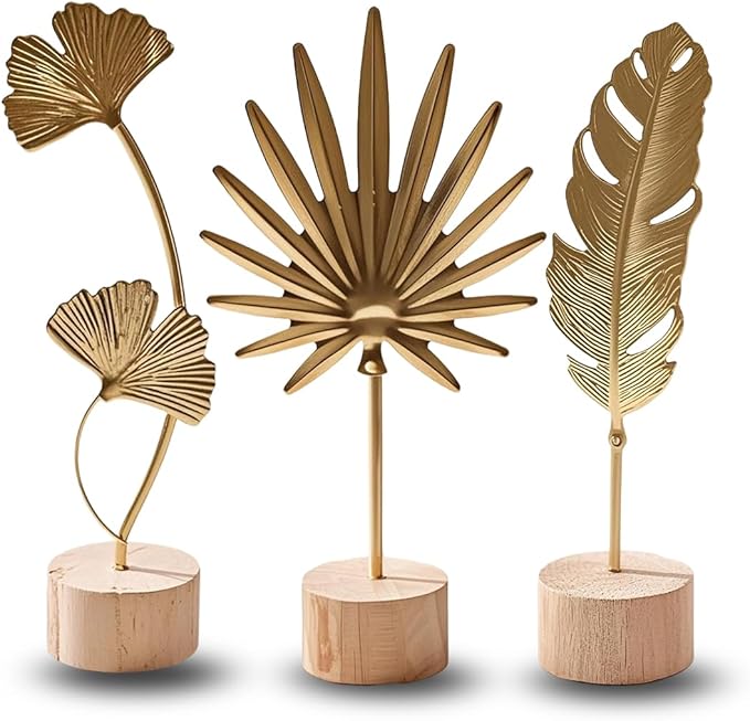 Gold Leaf Home Decor Set - Metal Leaves Statues, Modern Artistic Sculptures for Living Room, Office, Shelf & Home Decorative, Handmade 3D Botanical Accents (Sunshine, Feather, Ginkgo, 3PCS)