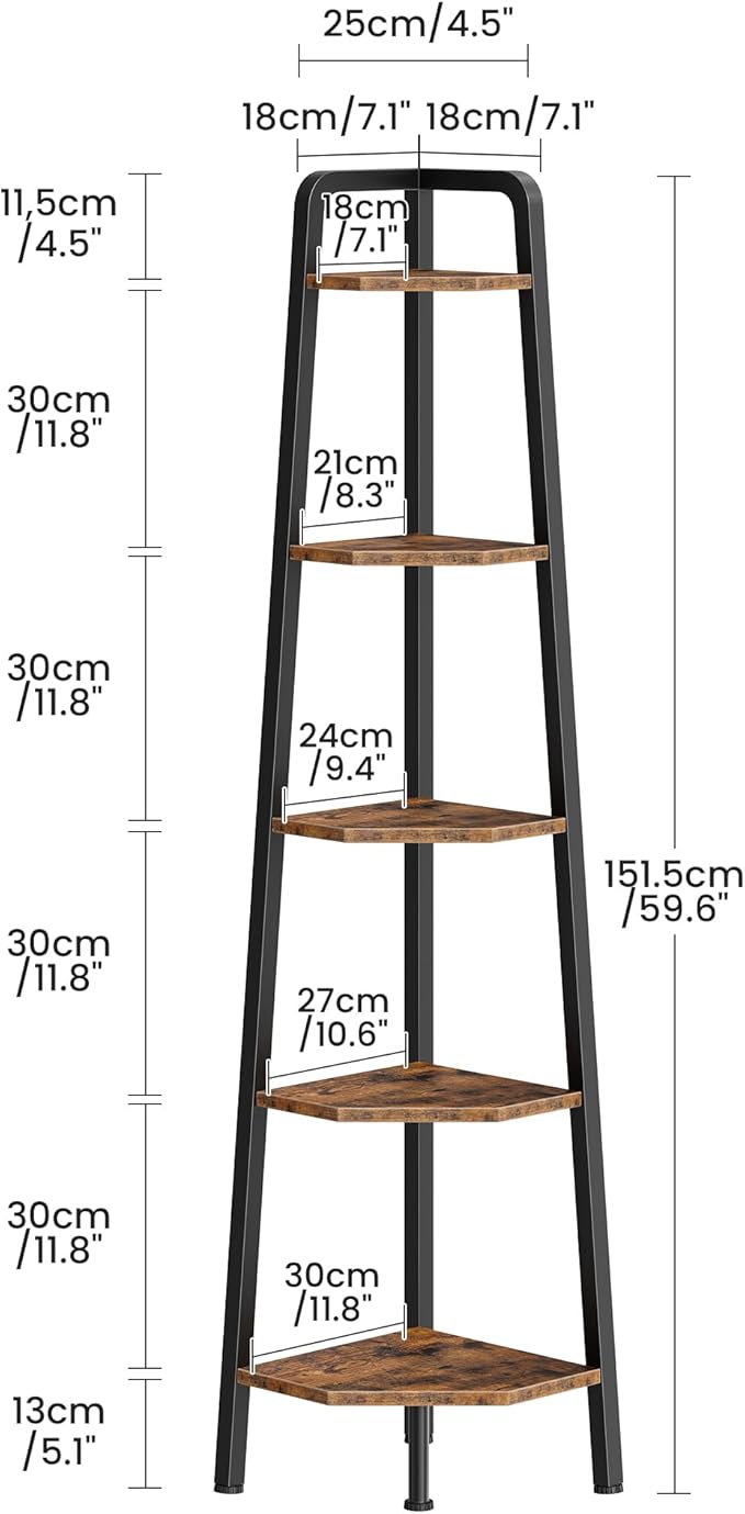 CHOEZON Corner Shelf, 5-Tier Ladder Corner Shelf, Ladder Bookshelf, 59.6" Tall Vertical Display Stand, Metal Frame Bookshelf, for Living Room, Bedroom, Kitchen, Rustic Brown and Black TCJ20BF