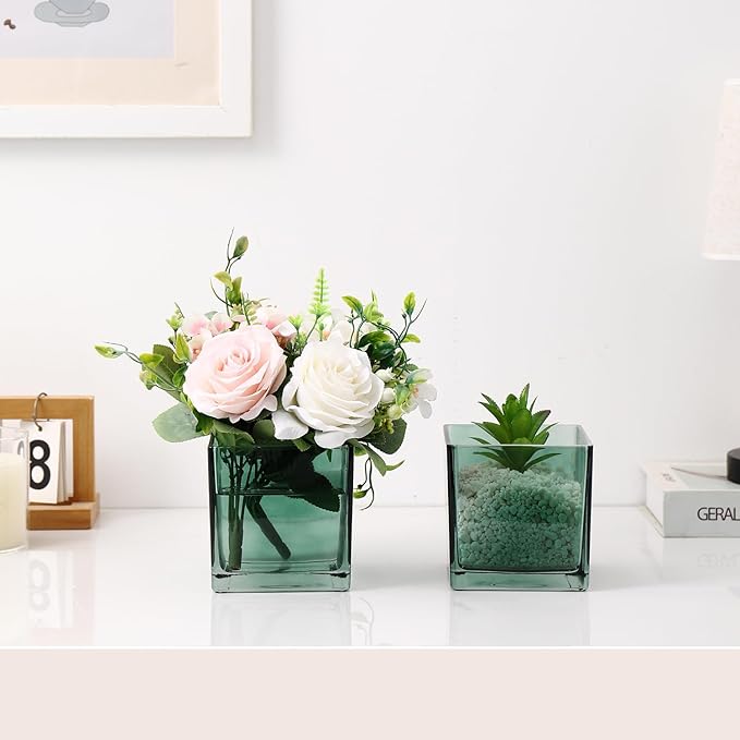 Square Glass Vases Set of 4, 4"x 4"x 4" Flower Vases for Centerpieces, Green Glass Vase for Flowers, Small Vase for Wedding, Party, Home Office Decoration