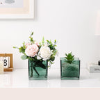 Square Glass Vases Set of 9, 4"x 4"x 4" Flower Vases for Centerpieces, Green Glass Vase for Flowers, Small Vase for Wedding, Party, Home Office Decoration