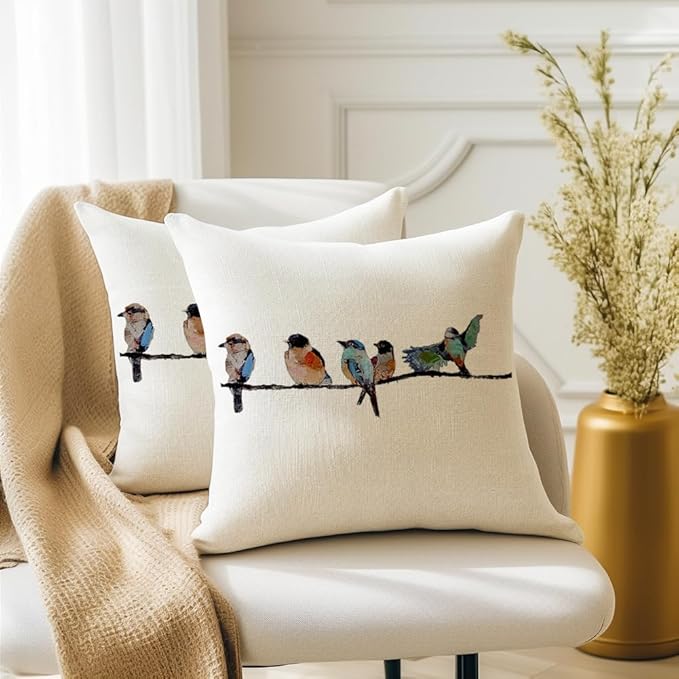 RABUSOFA Outdoor Birds Pillow Covers 20x20 Inch,Lumbar Small Throw Pillows for Couch,Spring Summer Hand-Painted Pillowcases,Teal Blue Pillows Decorative Throw Cushion Covers Cotton Linen for Sofa