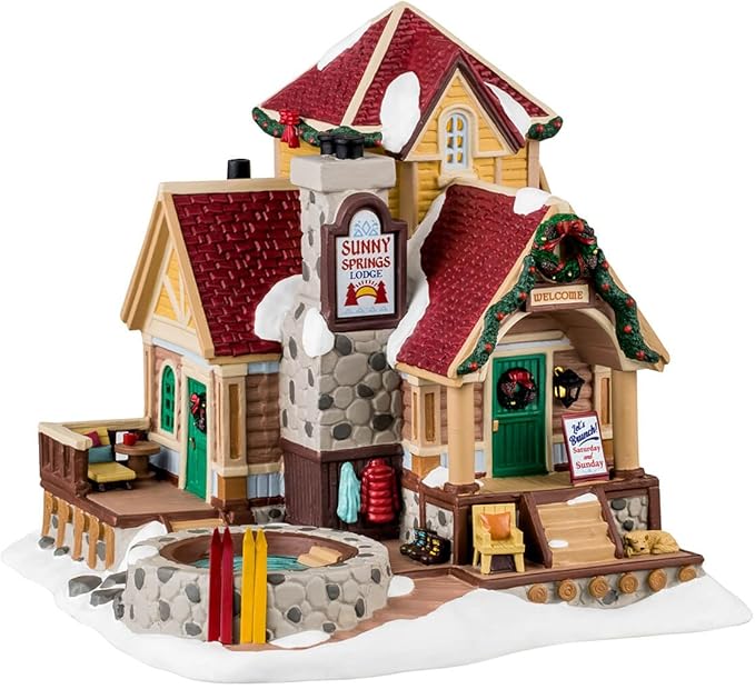 Lemax Sunny Springs Lodge #45229 - Resin Christmas Lodge - Rustic, Warm Earth Tones - Lighted Building with Exterior Lights and Luminations