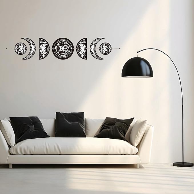 CREATCABIN 7Pcs Moth Tarot Moon Cycle Wall Hanging Half Round Wood Pendant Moon Hang Moon Phase Home Ornaments Wooden Moon Wall Decor Supplies for Bedroom Farmhouse Gallery Apartment Bar 37.1x6.3in