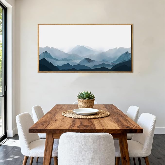 Blue Framed Mountain Landscape Wall Art Fog Mountain Painting Wall Decor Minimalist Blue Artwork Blue Mountains Wall Paintings Simple Landscape Wall Pictures for Bedroom Living Room Office Home Decor 20x40 Inch