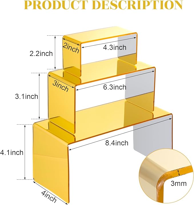 Chuangdi 2 Sets Acrylic Display Risers, Product Stand, Jewelry Display Riser Shelf Showcase Fixtures for Dessert Cupcake Candy Figure Treat Action Showcase (Gold,Large Set)