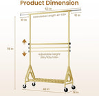 Heavy Duty Clothes Rack for Hanging Clothes, Double Rods Clothing Rack with Lockable Wheels, Rolling Garment Racks with Shelf, Easy to Assemble, Gold