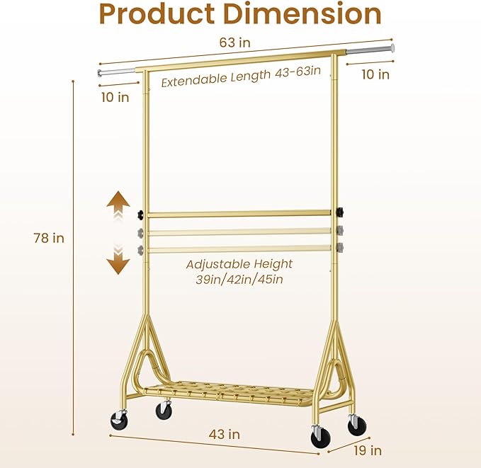 Heavy Duty Clothes Rack for Hanging Clothes, Double Rods Clothing Rack with Lockable Wheels, Rolling Garment Racks with Shelf, Easy to Assemble, Gold