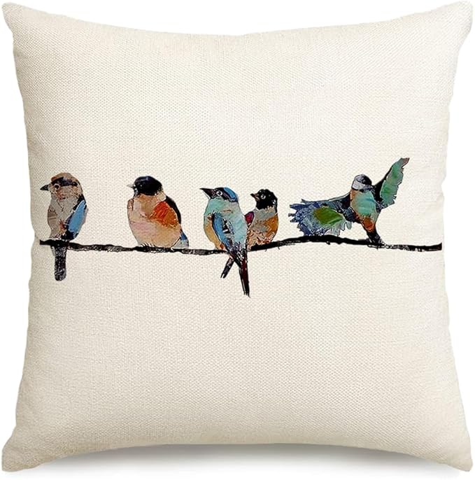 RABUSOA Birds Pillow Covers 16x16 Inch,Lumbar Decorative Throw Pillows,Spring Summer Hand-Painted Outdoor Pillowcases Cushion Covers for Couch