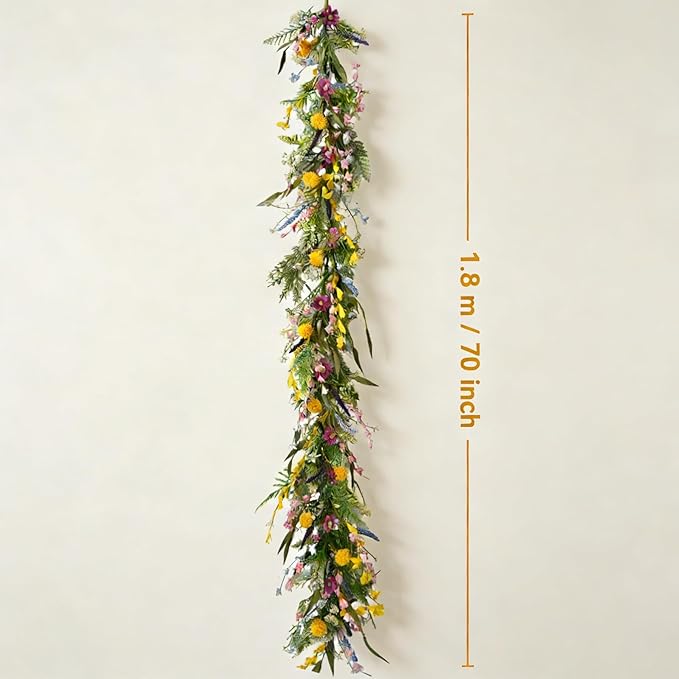 70-Inch Spring Summer Flower Garland for Mantle, Floral Garland with Colorful Wildflowers, Forsythia & Lavender Flowers for Decor, All Year Round Artificial Flower Garlands for Home Decor