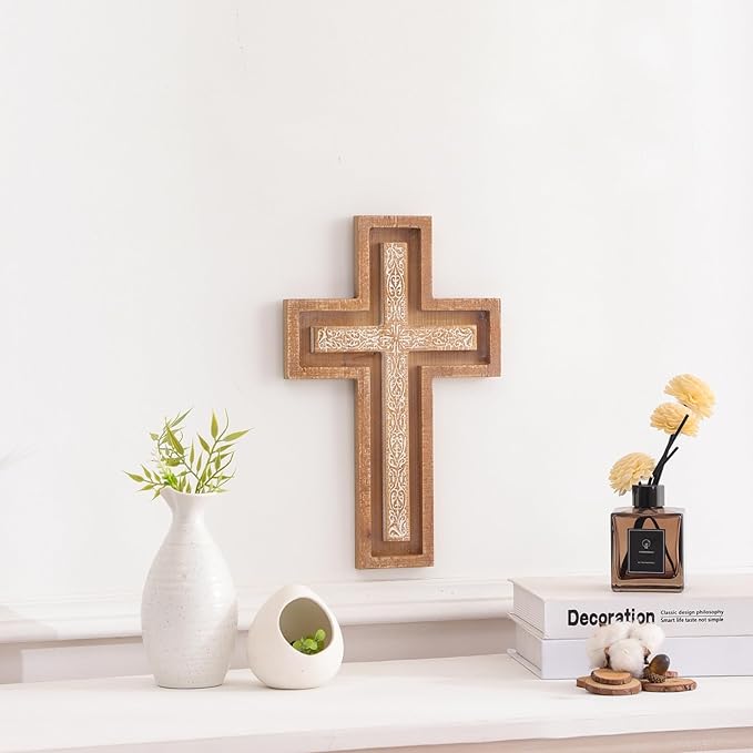 TRENDIN Wall Cross for Home Decor, Rustic Wooden Cross Wall Decor, Decorative Farmhouse Christian Religious Crucifix Art for Living Room Housewarming Gift