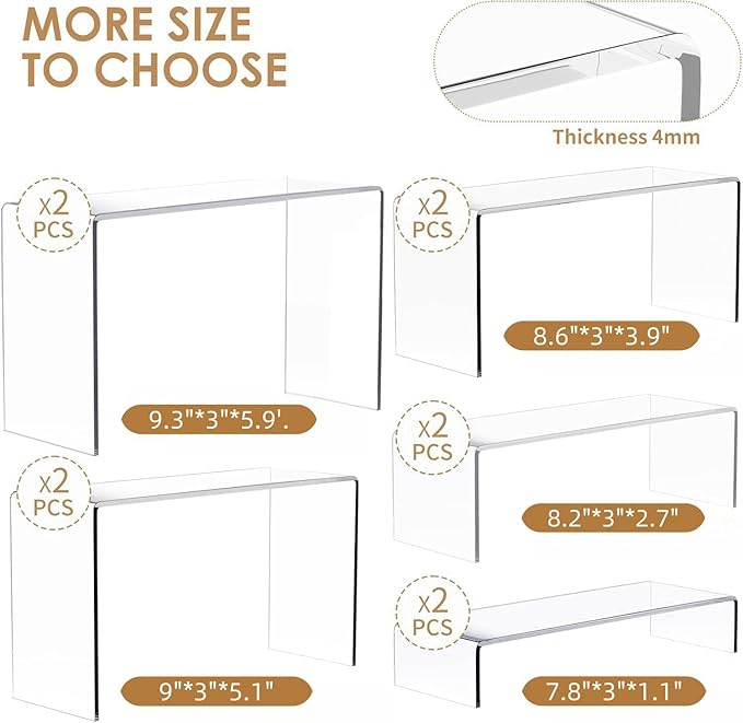 Anglelife 10 Pcs 2 Set 5 Size Large Acrylic Risers, (7”L~8”L~9”L) Rectangular Clear Risers Display Shelves, Transparent Acrylic Risers for Decor, Cupcake Candy Shoe Showcase Stands