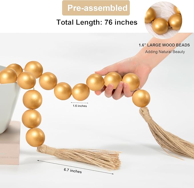 OMISHE 76" Long Extra Large Wood Bead Garland with 1.6" Diameter Wooden Beads and Tassels, Rustic Farmhouse Country Decorative Beads for Home Decor Tiered Tray Decor, Gold