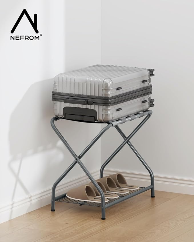 Set of 2 Luggage Rack with Storage Shelf, Foldable Suitcase Stand, Heavy Duty Metal Luggage Holder for Guest Room, Bedroom, Hotel, 150 lbs Top Capacity, 50 lbs Bottom Shelf LR-GY-2