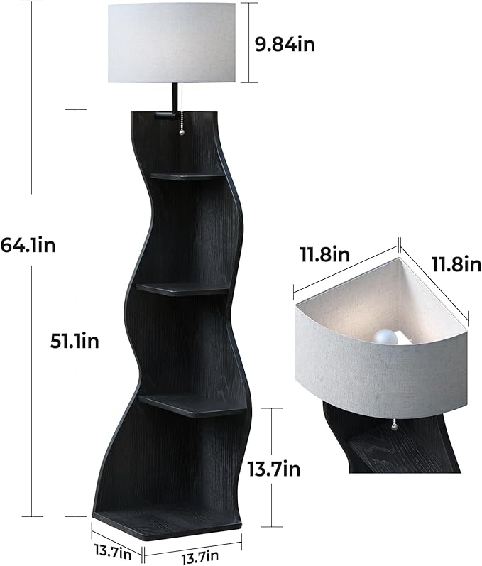 Evermagin 4 Tier Corner Shelf with Light, 64'' Tall Corner Bookshelf with Unique Shape, Stylish Wavy Bookcase Tower with Storage Organizer for Small Space, Living Room, Bedroom (Black)