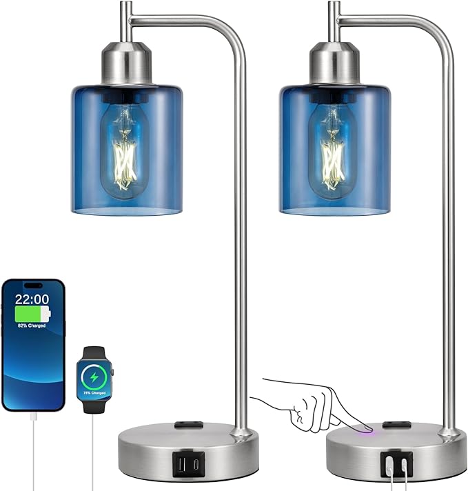 Innqoo Industrial Blue Table Lamps for Bedrooms Set of 2-3-Way Dimmable Desk Lamp with USB C+A Ports and Outlet, Nickel Lamps with Green Glass Shade for Living Room