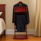 Proman Products Excalibur Wardrobe Wood Valet Stand with Power Extension, Large Storage Compartment, Contour Hanger, Trouser Bar, Tie & Belt Hooks and Shoe Rack - VL16201