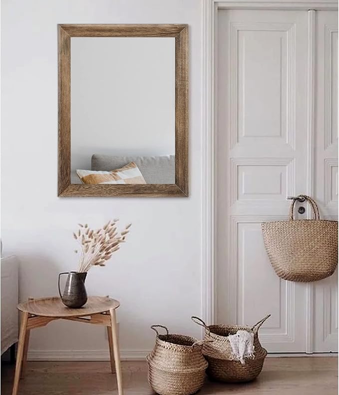 AAZZKANG Rustic Wood Mirror Rectangle Decorative Wall Mirrors with Frame Large 26"x18"for Bedroom Living Room Bathroom Entryway Hanging Brown