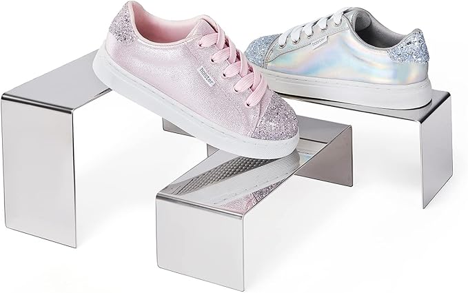 Purse Display Stand, 3 Silver Risers Display Stands Stainless Steel, Heavy Duty Countertop Shoes Stand Handbag Holder Risers for Home Boutique Retail Store Vendor Display Bags Perfume Jewelry (RCS 50% Recycled Post-consumer Metal)