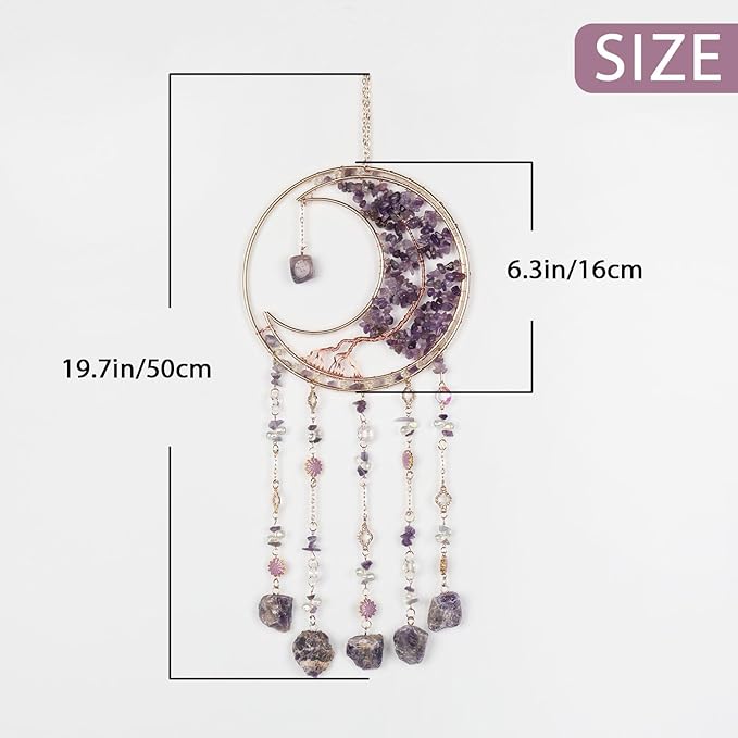 Purple Gemstone Dream Catcher 7 Chakras Tree of Life Moon Dream Catchers with Healing Crystal Stones Handmade Suncatcher Dreamcatcher Wall Decor for Adults Living Room,Bedroom,Garden,Bless Gift