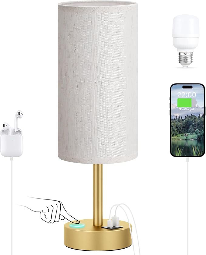 Dicoool Small Touch Bedside Lamp with USB - 3 Way Dimmable Gold Table Lamp for Bedroom, Nightstand Lamp with Gold Charging Station for Desk Dorm, Office