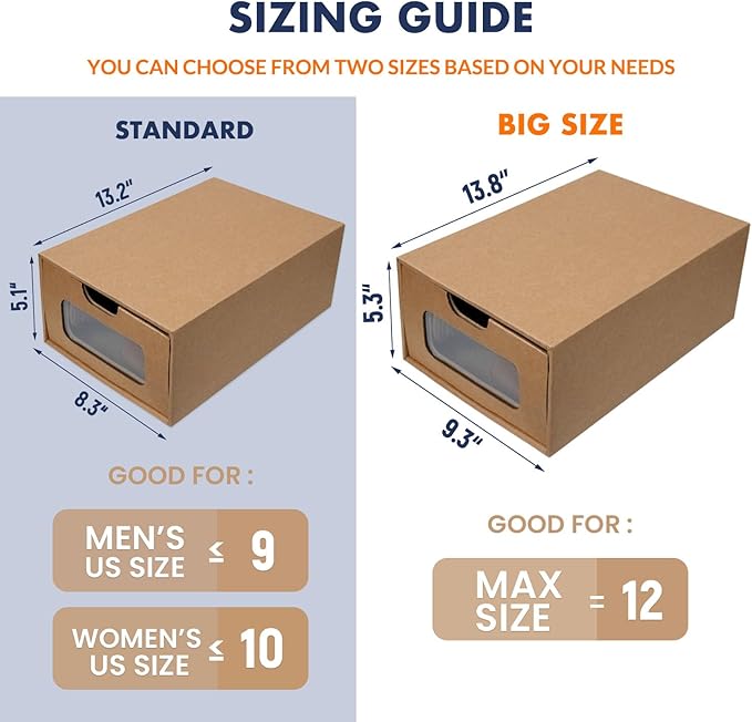 Shoe Box 12 Pack,13.2 x 8.3 x 5.1in Waterproof Storage Boxes, Socks, Stationery, Toys, Underwear,Heavy Duty,Stack-able Cardboard Boxes,with Marking Labels,Transparent Window
