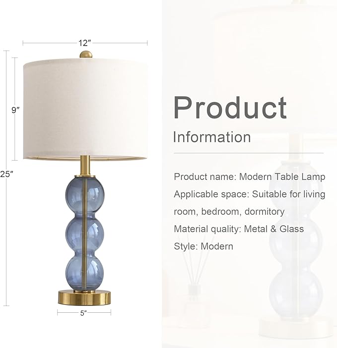 Oneach 25" Blue Table Lamps for Living Room, Glass Modern Table Lamp Set of 2, USB Charging Ports, Linen Shade, Bedside Lamps for Bedroom, Nightstand, Side Table