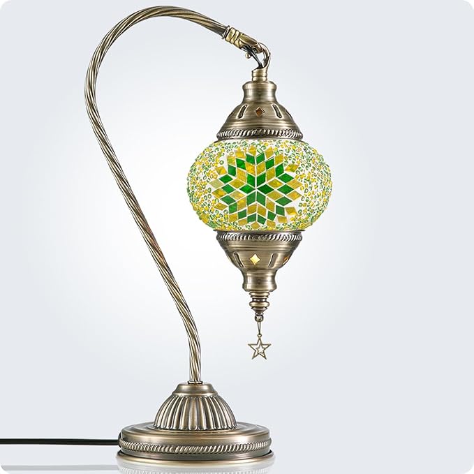 Yarra-Decor Turkish Moroccan Lamp with Bronze Base 3 Color Options Handmade Swan Neck Tiffany Mosaic Glass Bedside Lamps for Bedroom (LED Bulb Included)(6)