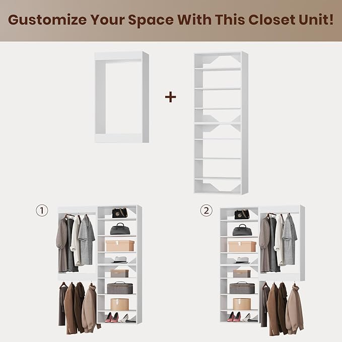 ROOMTEC Modular Closet System, 46" Wall-Mounted Closet Organizer with Hanging Rods and Shelves, Wooden Tower for Walk-In Closets, Wardrobe Storage Kit, White
