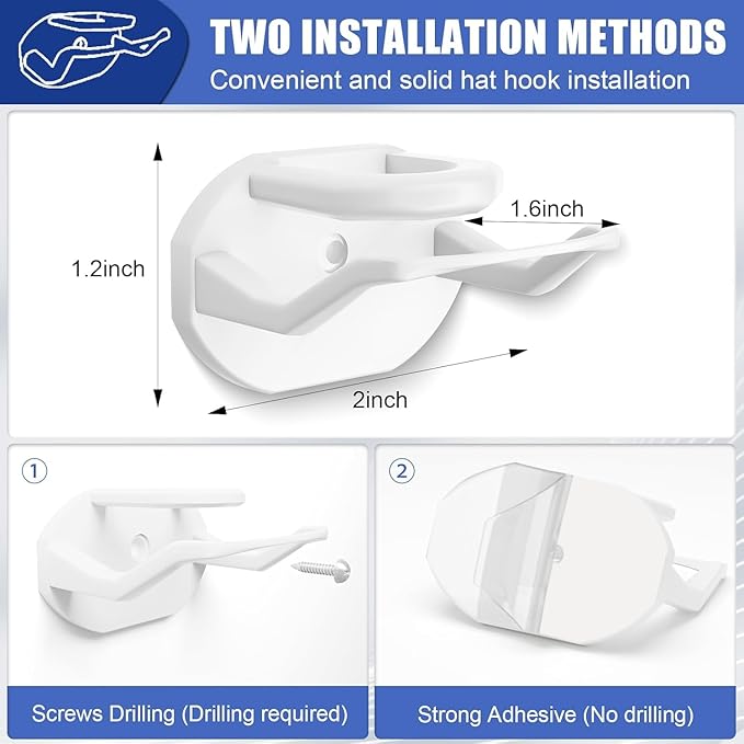 24 Pack Adhesive Hat Hooks for Wall, Strong Hat Rack for Baseball Caps, Hat Organizer Display for Home Decor, Hat Hold Hanger for Wall, Door, Closet, No Drilling - USA Patented (White)