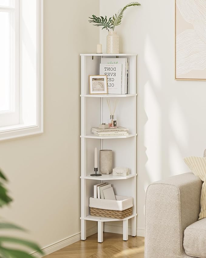Corner Shelf, 5 Tier Corner Bookshelf, Display Corner Shelf Stand with Storage Rack, Wall Corner Bookshelf for Living Room, Bedroom, Office, White