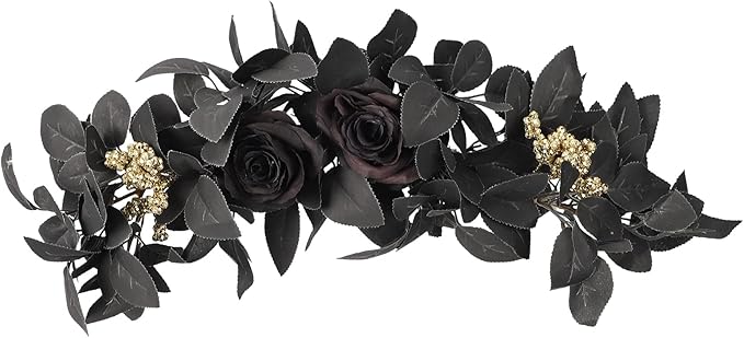 Artificial Flower Swag, Rose Eucalyptus Floral Swag Black Decorative Swag, Decorative Swag with Black Eucalyptus Leaves for Halloween Home Front Door Lintel Wedding Arch Party Tabletop Wall Decor(A3)